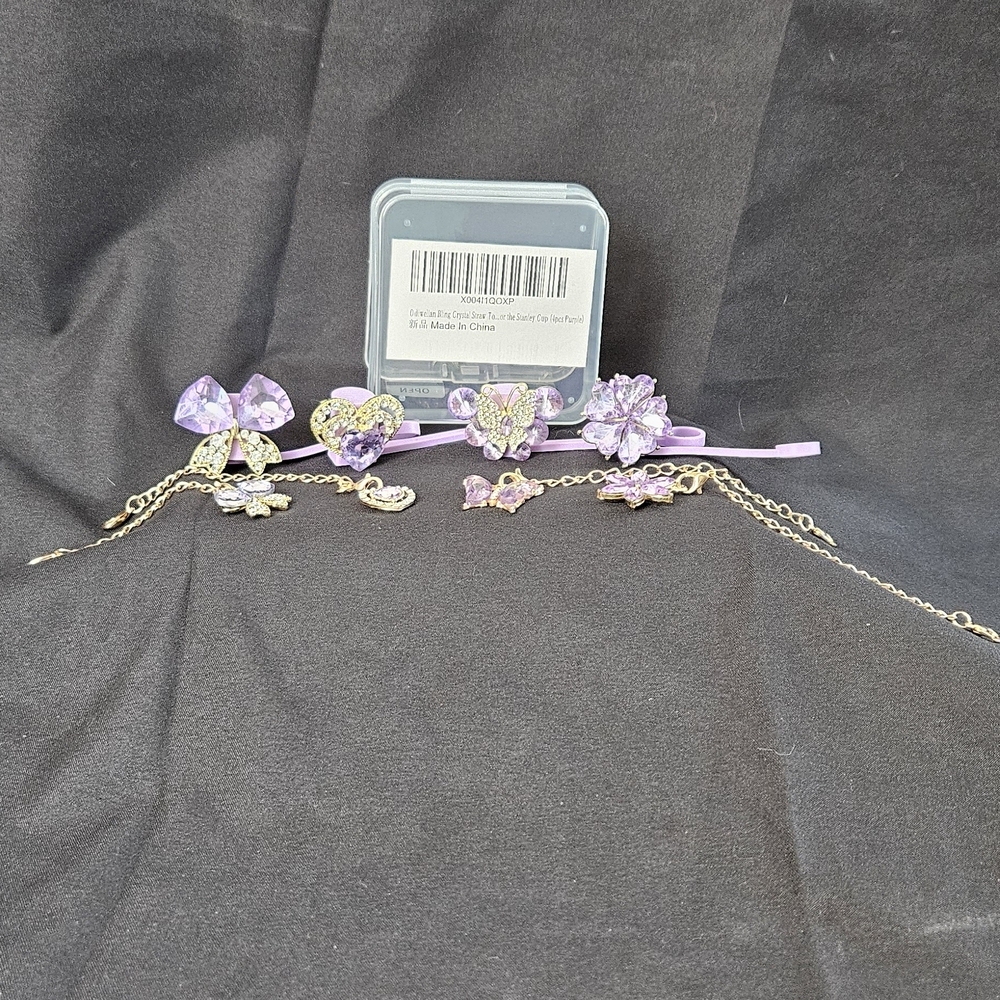 Purple Bow and Heart Charm And Straw Topper Set Of 4 Pairs